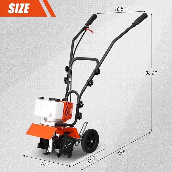 62cc Gas Tiller Cultivator, 10-Inch 2-Cycle Gas Powered Garden Tiller for Heavy Duty Soil, Self-Propelled Lawn Tiller with 4 Steel Tines & Adjustable Handle, Easy Pull Start for Clay/Dirt