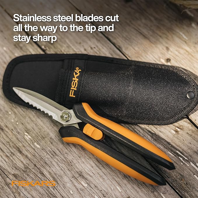 Fiskars Pruning Shears for Gardening, Multipurpose 8" Garden Shears with Sheath and SoftGrip Handle, Great for cutting Nursery Pots, Bags, and Wire