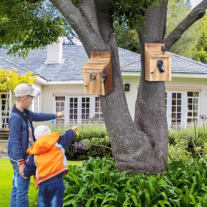 Dreyoo 3 Pack Cedar Bluebird Box Houses for Outside, 1-1/2” Entrance Hole Wooden Bird Houses with Metal Predator Guard, Secure Latch, Fledgling Grooves, Air Vents for Bluebird Wren Swallow Finch