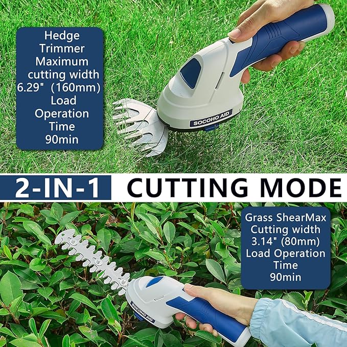 Cordless Grass Shear, 2 in 1 Hedge Trimmer, Electric Handheld Grass Cutter 7.2V Rechargeable Bush Trimmer Lightweight Shrubbery Hedge Shears with Type-C Cable and 2.0Ah Battery for Garden Yard Lawn