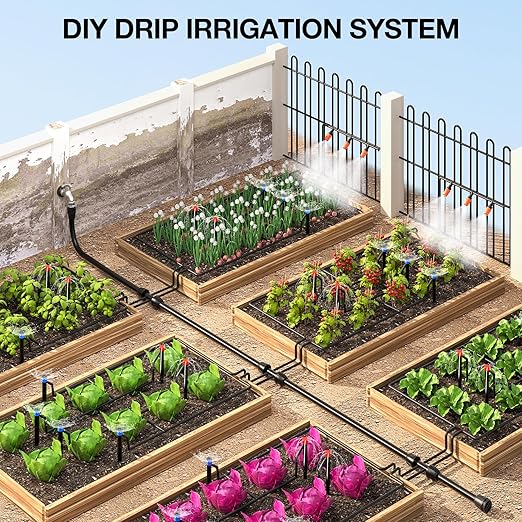 MIXC 226FT Greenhouse Micro Drip Irrigation Kit, Automatic Patio Plant Watering System with 1/4" & 1/2" Tubing, Adjustable Nozzles, Emitters, & Barbed Fittings for Efficient Irrigation