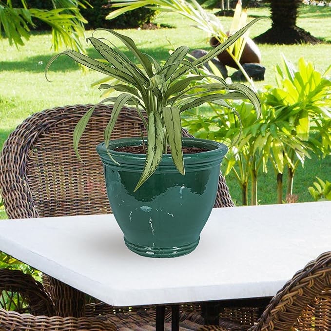 Sunnydaze Large Ceramic Plant Pot - Round Outdoor Glazed Ceramic Planter Pot with Drainage - Studio - Dark Green - 15"