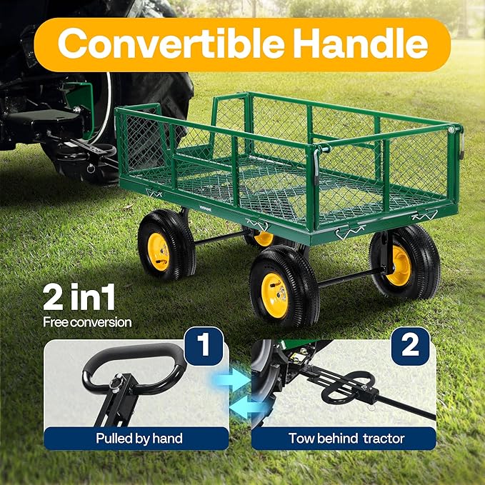 VIVOHOME Garden Cart Steel Heavy Duty 900 LBS Yard and Garden Wagon with 10 inch Tire and Handle Attach to ATV or Tractor Green