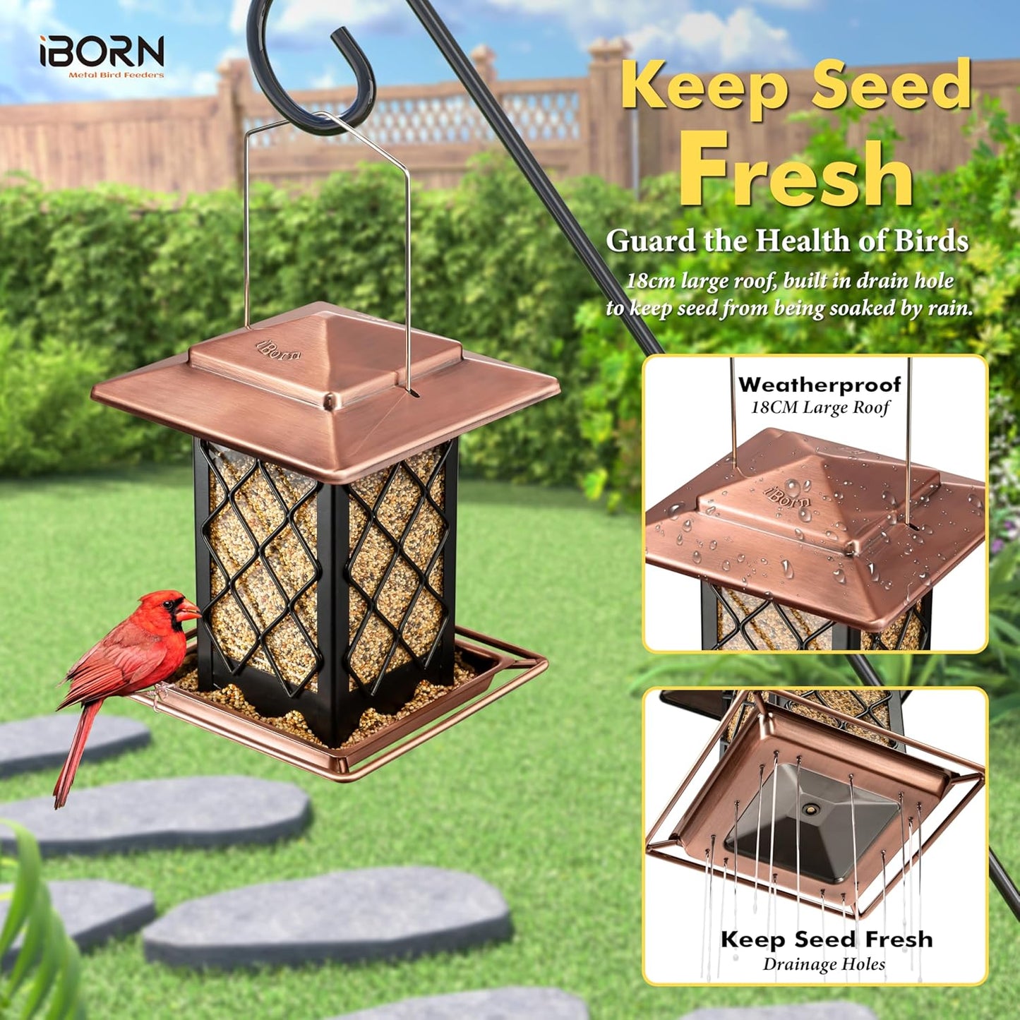 iBorn Bird Feeders for Outdoors, Metal Bird Feeder, Wild Bird Feeders for Cardinal, 2.4LBS Capacity,18cm Large Roof, Lantern Style, Brush Copper