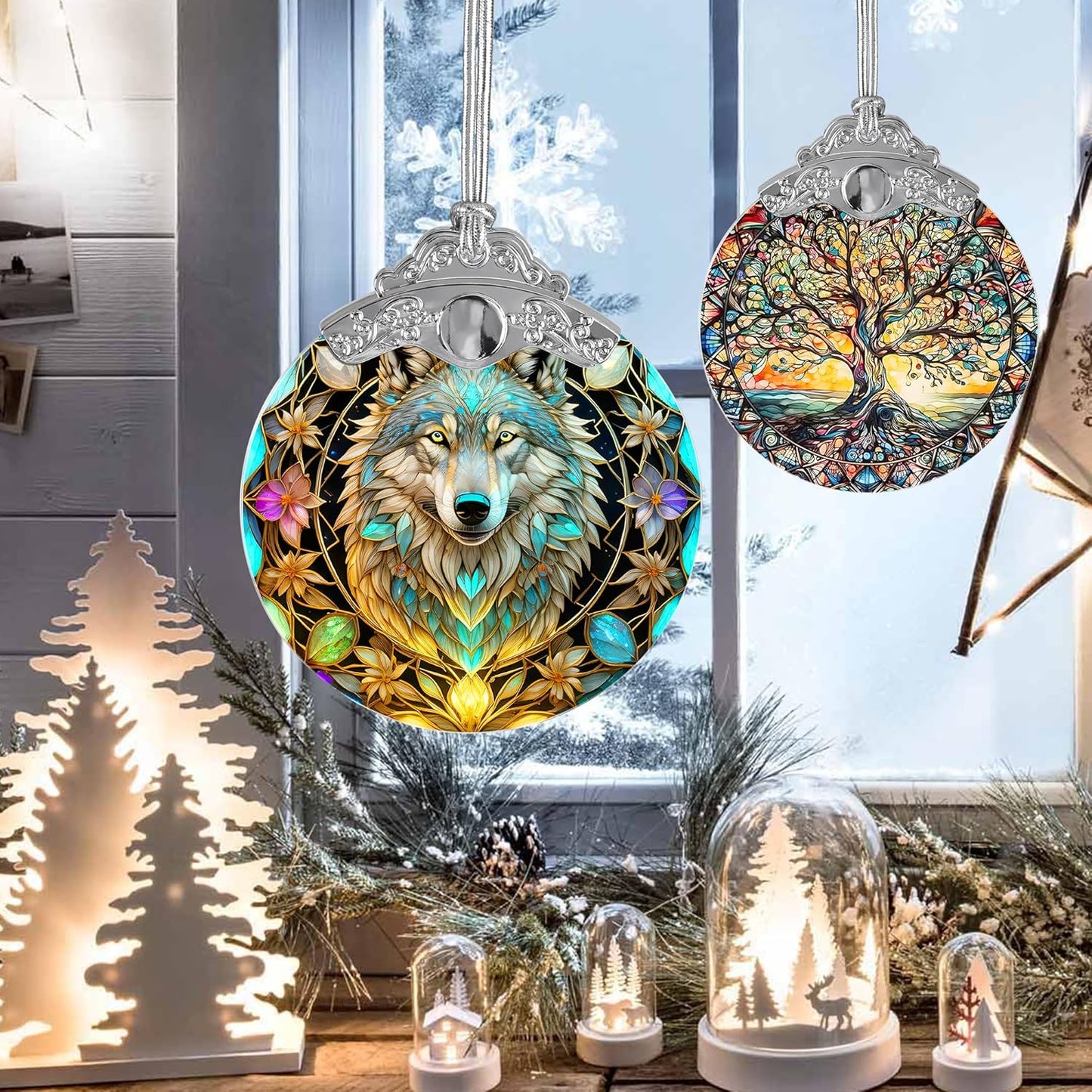 Stained Glass Suncatcher Hanging Ornament, Wolf Decor for Home, Christmas Ornament