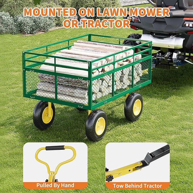3-in-1 Heavy-Duty Steel Garden Cart, 1400 Lbs Garden Wagon, with 13 Inch All-Terrain Tires and Removable Mesh Side Panels, 180° Rotating Handle, Metal Multi-Function Carts, Outdoor Gardens Wagon Cart