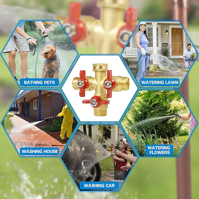 Full Flow 3 Way Hose Splitter, Solid Brass Garden Hose Splitter Valve with Metal Handle, Heavy Duty High Flow Spigot Splitter with Shut off Valve, 3/4 Inch Garden Tap Splitter