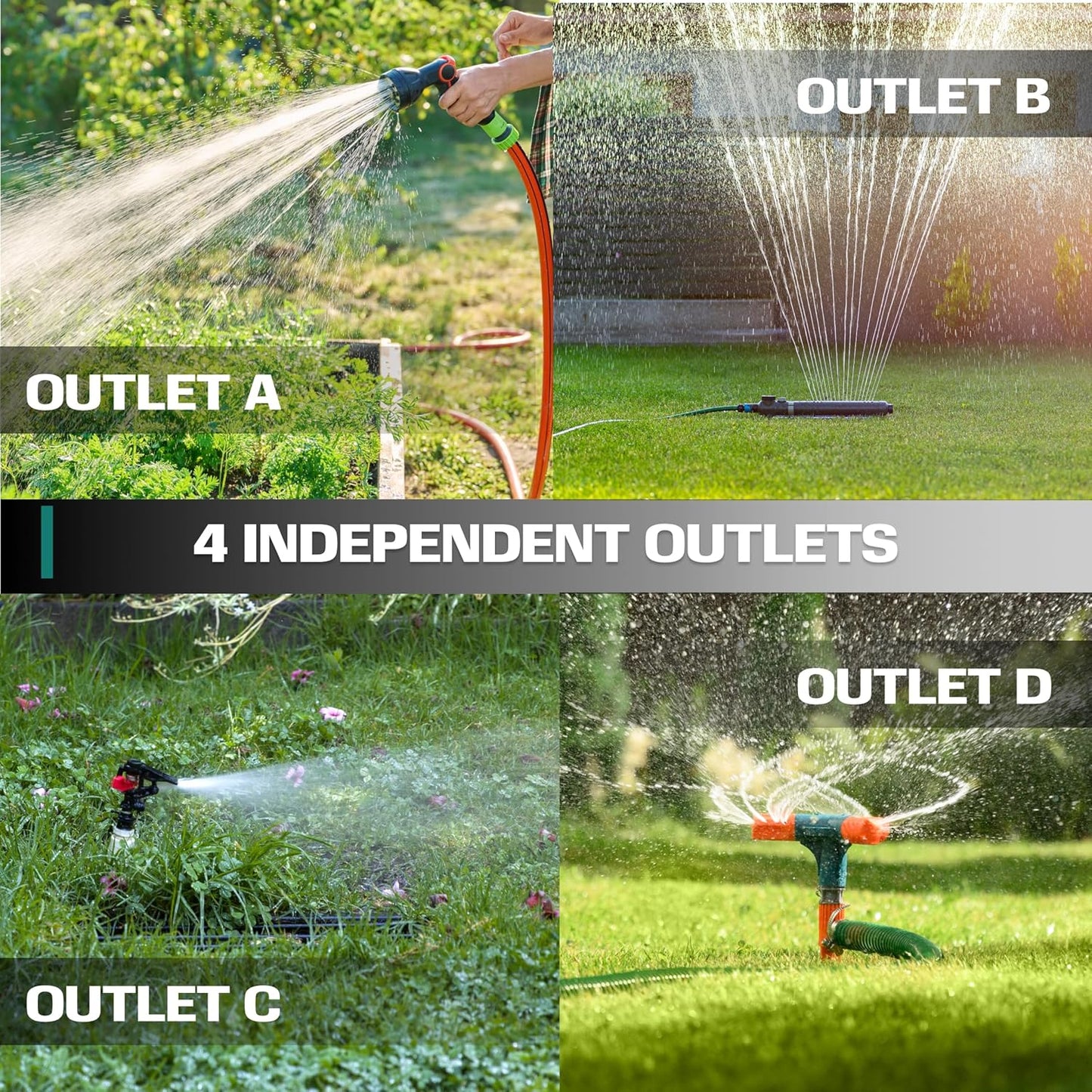 Garden Hose Splitter 4 Way - Heavy Duty Water Hose Manifold with Shut-Off Valves - Outdoor Faucet Divider and Spigot Connector for Garden, Lawn, or Patio Use - Durable Brass Pipe Splitter - Classic