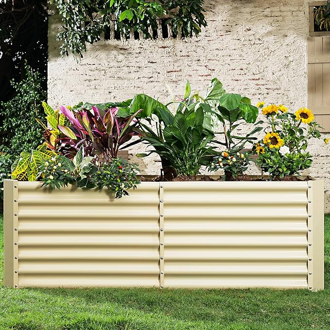 Land Guard 8×4×2ft Galvanized Raised Garden Bed, Planter Boxes Outdoor, Raised Garden Beds Outdoor for Vegetables, Flowers, Herbs, 479 Gallons, Cream Yellow…