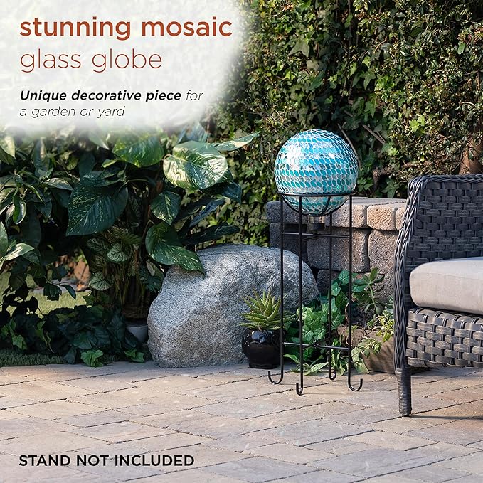 Alpine Corporation 10" Diameter Indoor/Outdoor Glass Mosaic Gazing Globe Yard Decoration, Blue Mosaic Petals Design