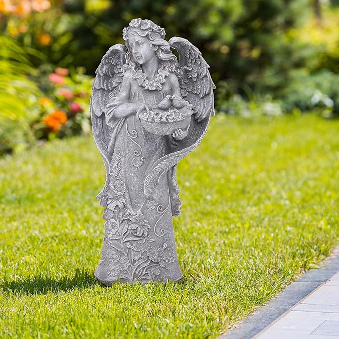 Hanna Roberts Outdoor Statues Angel Décor Garden Statue- 23.5" H Angel Statue,Resin Angel with Bird Figurine, Ideal for Yard, Patio, Deck, Home Entryway, and Hallway(Grey)