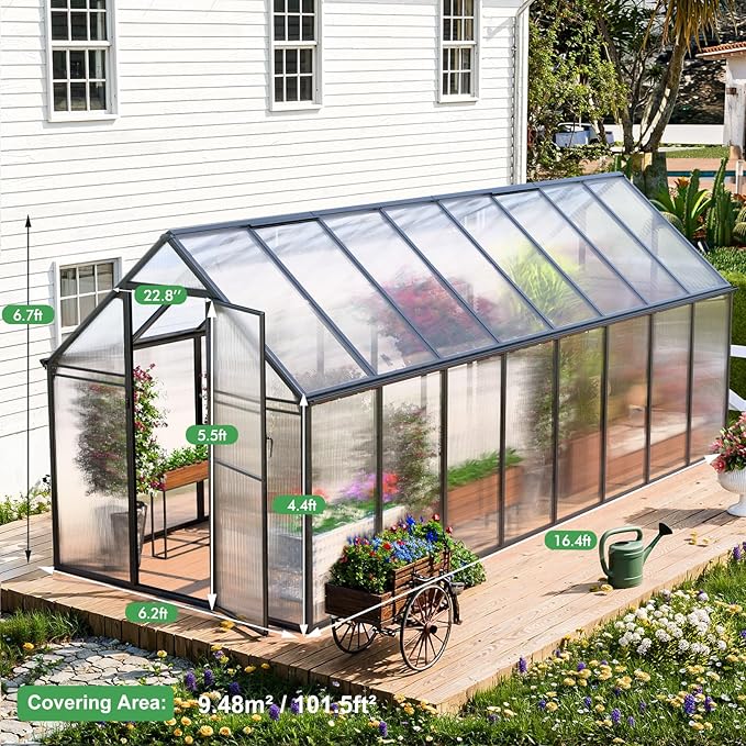 CDCASA 6x16 FT Greenhouse for Outdoors, Large Polycarbonate Greenhouse Aluminum Greenhouses w/Vent Window, Swing Door & Easy Assembly Walk-in Green House for Patio, Backyard, Garden, Black