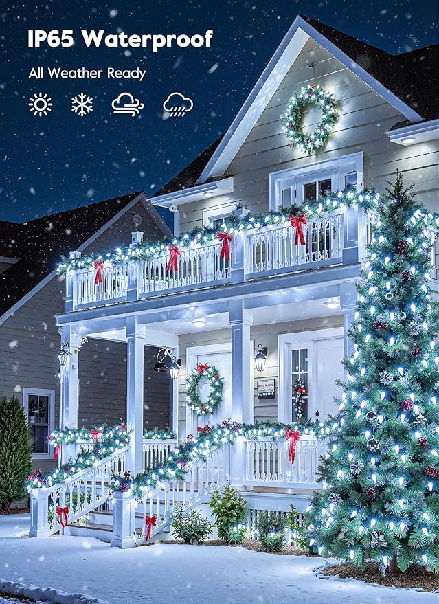 Brightown C9 Christmas Lights Outdoor, 114FT 150 LED Pure White String Lights with Timer, 8 Modes, Plug-in UL Listed Waterproof Connectable Christmas Tree Lights for House, Roof, Garden, Patio Decor