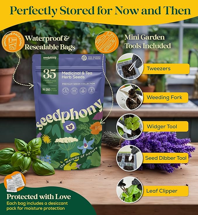 35 Medicinal & Tea Herb Seeds Variety Pack - 16,285+ Non-GMO Heirloom Herbs Seeds for Planting Indoor & Outdoor: Lavender, Rosemary, Echinacea, Mint, Catnip, Basil - Gardening Seed Packets