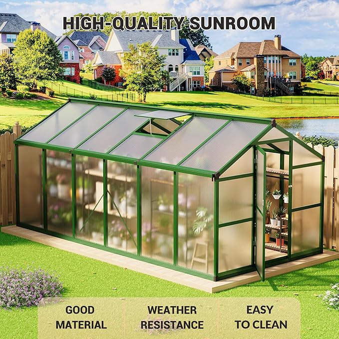 8x12 FT Polycarbonate Greenhouse with Roof Vent - Large Aluminum Walk-in Greenhouse Kit for Gardening, Backyard, Patio, Lawn - Easy Assembly