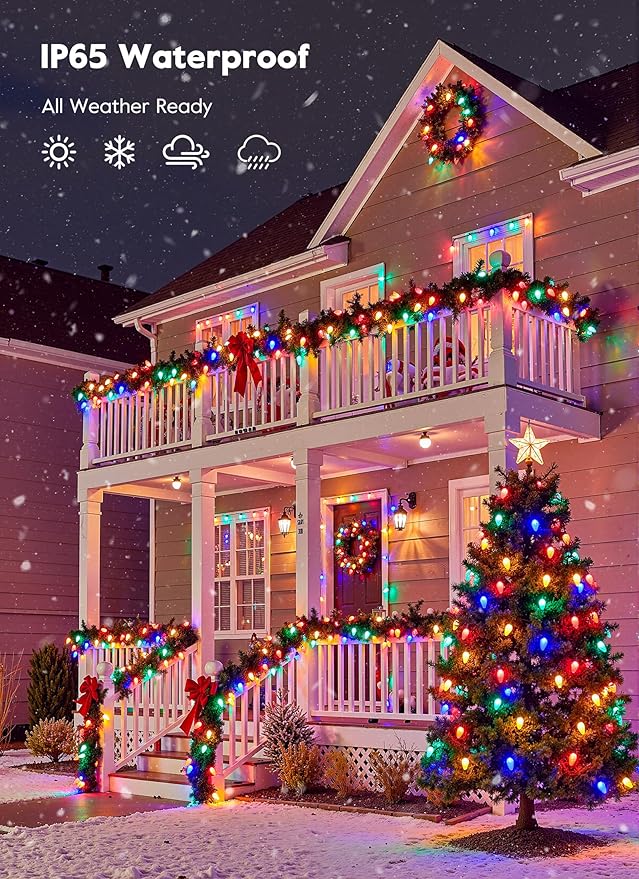 Brightown C9 Christmas Lights Outdoor, 114FT 150 LED Multicolor String Lights with Timer, 8 Modes, Plug-in UL Listed Waterproof Connectable Christmas Tree Lights for House, Roof, Garden, Patio Decor