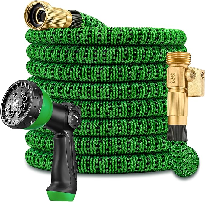 100 ft Garden Hose – 2025 New Expandable Garden Hose w/10-Function Spray Gun, Pure Brass 3/4” Fittings – Lightweight, Durable, and Kink-Free, 100ft Retractable Water Hoses for Gardening(Green Black)