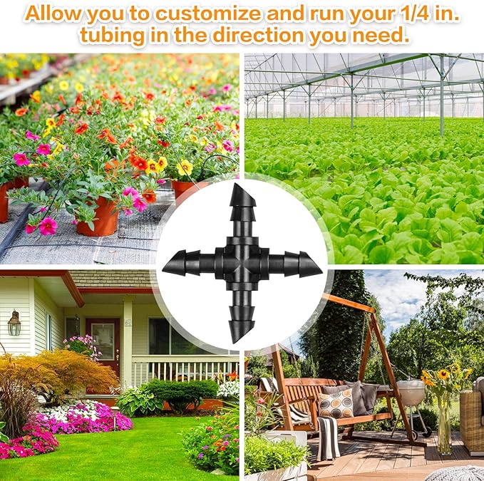 Drip Irrigation Cross Fittings: 45 Pieces Barbed 4-Way Cross Irrigation Parts with Sharp End Fits for 1/4 Inch Drip Tubing Line Tee Connectors for Garden Lawn