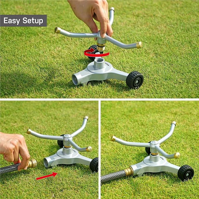 Eden 94129 Metal 3-Arm Revolving Sprinkler on Wheel Base W/Quick Connect Starter Set, Heavy Duty, Garden Hose Sprinkler, Lawns, Circular, Coverage up to 1390 sq.ft