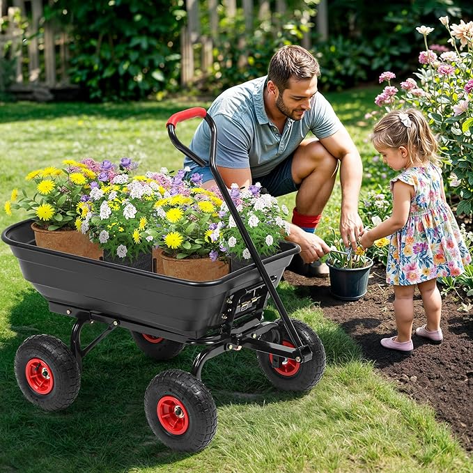 600lb Garden Dump Cart,4 Cu.Ft Utility Wagon Wheelbarrows with Quick-Release System&4 Pneumatic Tires,Heavy Duty Yard Dump Wagon with Steel Frame for Farm, Garden,Halloween Hauling(Black)