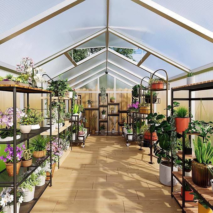 8x12 FT Polycarbonate Greenhouse with Roof Vent - Large Aluminum Walk-in Greenhouse Kit for Gardening, Backyard, Patio, Lawn - Easy Assembly