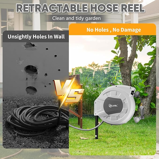 SILVEL Automatic Retractable Garden Hose Reel on Metal Spike, 1/2 in x 90FT Ground Mounted Outside, UV Resistant with 10 Pattern Nozzle, 360° swivel, No Holes in your house, Easy Installation