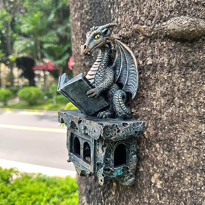 Garden Dragon Statue Tree Hugger Solar Powered Outdoor Figurine Wall Hanging Decor Cute and Reading Magic Book Resin Sculpture Home Decoration Porch Patio Lawn Farm Yard Housewarming Ornament Gift
