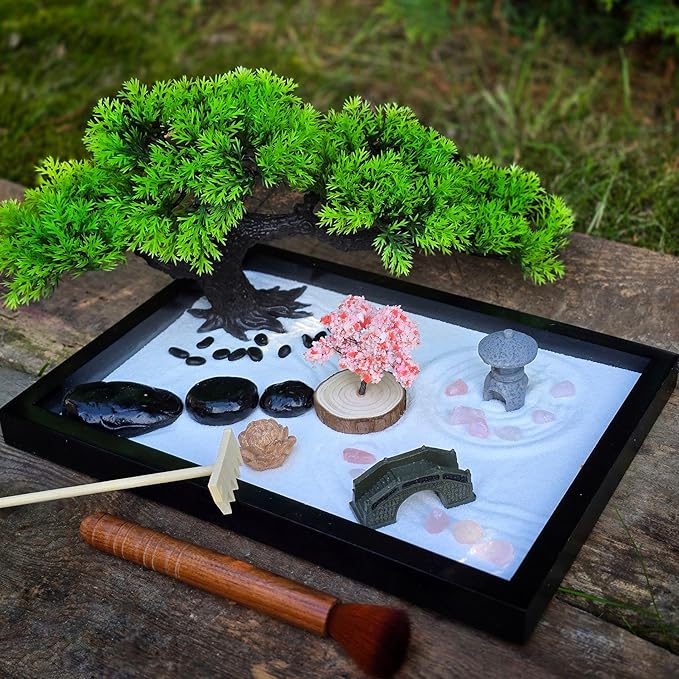 Zen Garden for Desk โ Mini Japanese Rock Garden with Crystals, Bonsai Tree & Sand Tools, 11x7.5in Stress Relief Desk Decor, Meditation & Relaxation Gift Set (Black)