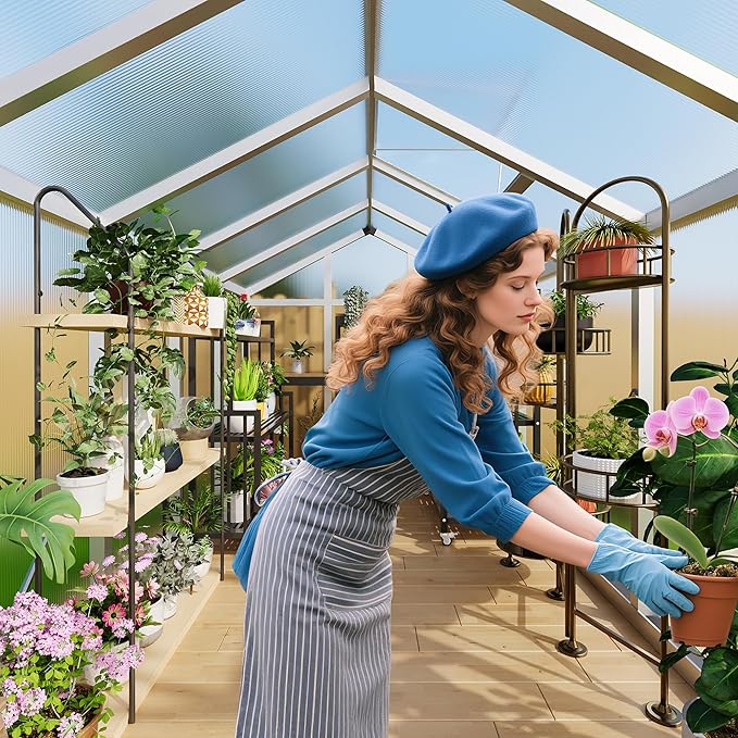 8x10 FT Polycarbonate Greenhouse with Roof Vent - Large Aluminum Walk-in Greenhouse Kit for Gardening, Backyard, Patio, Lawn - Easy Assembly