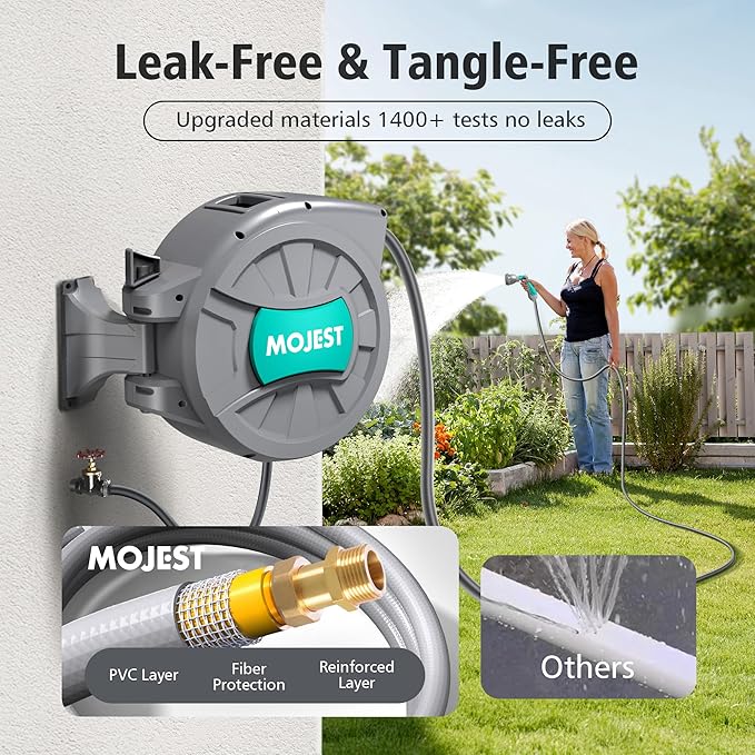 Retractable Garden Hose Reel - 1/2 in x 100 ft Wall Mounted Heavy Duty Water Hose Reel with Automatic Slow Rewind System, 180°Swivel Bracket, 2 Hose Nozzle, Dark Gray