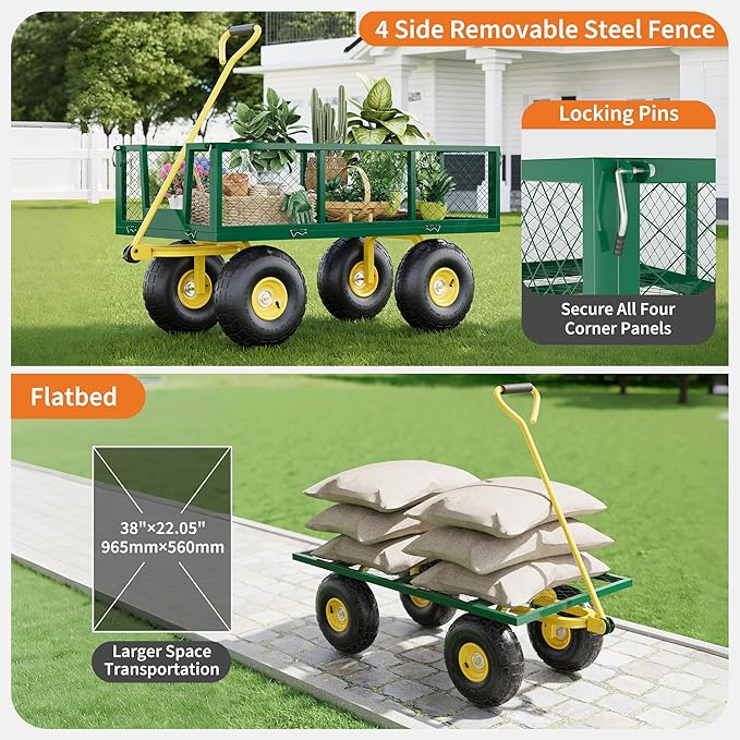 900 Lbs Garden Wagon, 2-in-1 Heavy-Duty Steel Garden Cart, with 10 Inch All-Terrain Tires and Removable Mesh Side Panels, 180° Rotating Handle, Metal Utility Yard Trailer, Outdoor Gardens Wagon Cart