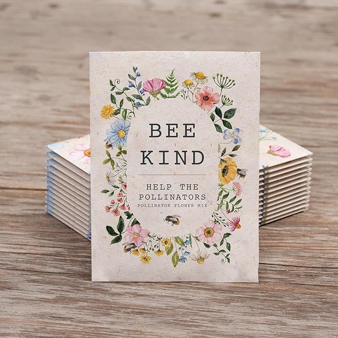 Bentley Seed Co. | Bee Kind Pollinator Flowers | Beautiful Bee Art Kraft Look Seed Packets | Environmental Favors Cards for Guests | Wildflower Mix Seed Packets | Eco-Friendly Hand Out Gift | 25 Pack