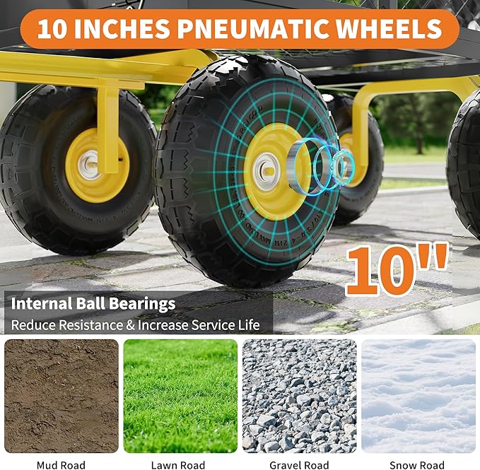 Metal Wagon - 900lbs Garden Cart with 10" Multi-Terrain Tires, 4 Removable Mesh Sides & 180° Swivel Handle, Yard Wagon Cart for Lawn, Yard, Patio Gardening