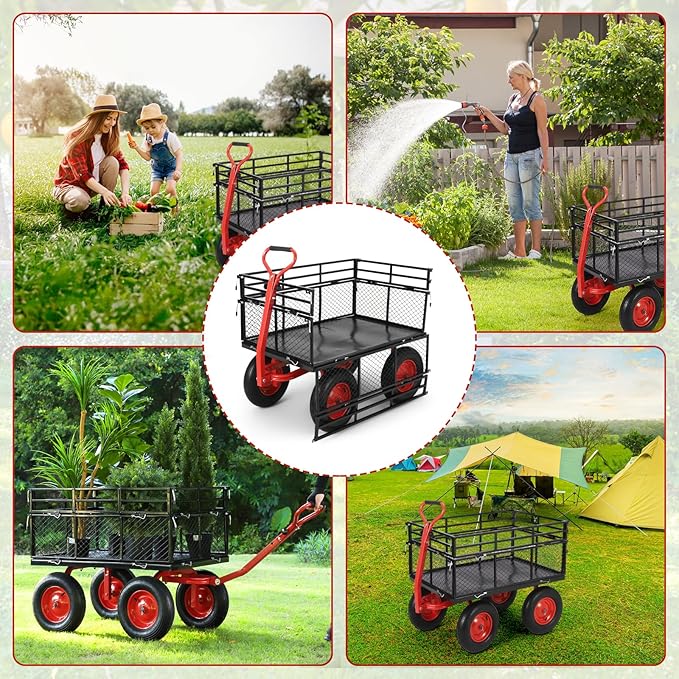 GarveeLife Steel Garden Cart 1400 LBS Capacity, Heavy Duty Steel Utility Wagon with Removable Sides, 2 in-1 Handle and 16 in Tires, Utility Metal Wagon Perfect for Garden, Farm, Yard