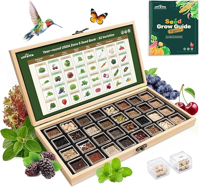 Lush&Dew Year-Round USDA Zone 5 Seed Bank, 32 Varieties Non-GMO Heirloom Seeds of Vegetables, Herbs, Gardening Gifts for Women Men, Emergency Survival Kit for Raised Garden Bed, Greenhouse