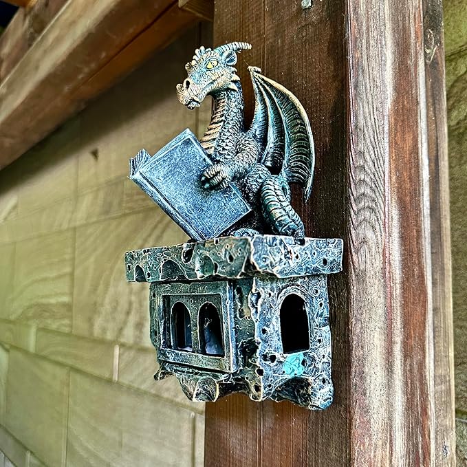 Garden Dragon Statue Tree Hugger Solar Powered Outdoor Figurine Wall Hanging Decor Cute and Reading Magic Book Resin Sculpture Home Decoration Porch Patio Lawn Farm Yard Housewarming Ornament Gift