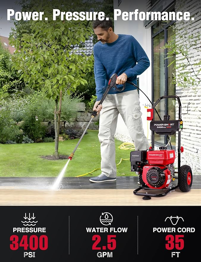 PowerSmart Gas Pressure Washer, 3400 PSI 2.5 GPM, 212CC, with Onboard Soap Tank, Metal Spray Wand, 5 Nozzles for Houses, Driveways, Walls, Cars, Fences, Patios