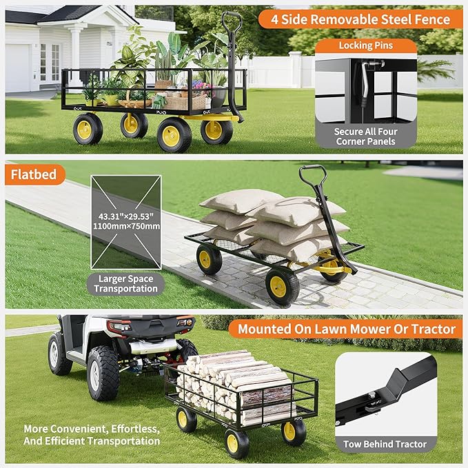3-in-1 Heavy-Duty Steel Garden Cart, 1200 Lbs Garden Wagon, with 13 Inch All-Terrain Tires and Removable Mesh Side Panels, 180° Rotating Handle, Metal Multi-Function Carts, Outdoor Gardens Wagon Cart