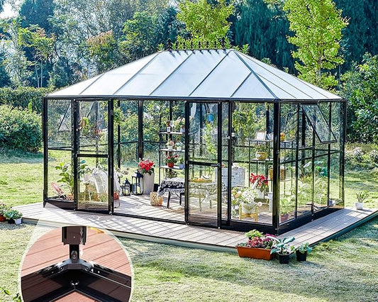 AMERLIFE 14x9.5x9 FT Hybrid Polycarbonate Greenhouse Quick Connector Fast Assembly, Swing 2 Doors Clear Panels, Walk-in Large Aluminum Greenhouse for Outdoors, Black