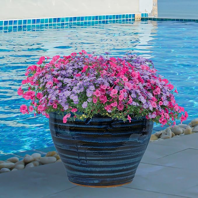 Sunnydaze Large Ceramic Plant Pot - Round Outdoor Glazed Ceramic Planter Pot with Drainage - Studio - Galaxy Blue - 18.5"