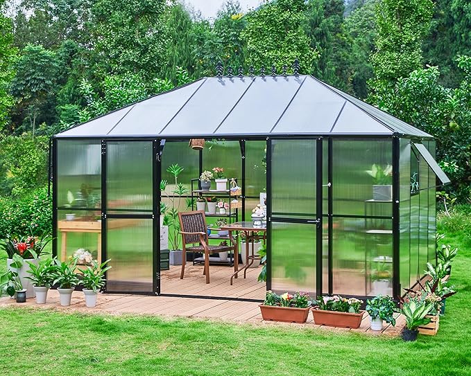 Jocisland 14x9.5x9 FT Outdoor Aluminum Greenhouse with Quick Connect Fittings, 6 FT Height Double Doors with Hook, Polycarbonate Walk-in Greenhouse for Backyard, Black
