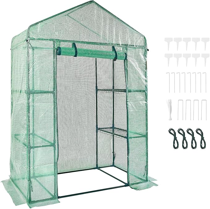 VEVOR Walk-in Green House, 55.5 x 29.3 x 80.7 inch, Portable Greenhouse with Shelves, High Strength PE Cover with Roll-up Zipper Door and Steel Frame, Set Up in Minutes, for Planting and Storage