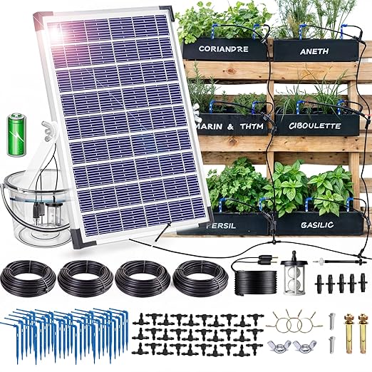 RISINGUP Solar Drip Irrigation System with Timer, Programmable Smart Watering with 2200mAh Battery, Automatic Plants Watering System for 30 Potted Plants Outdoor Garden, Patio, Balcony, Greenhouse