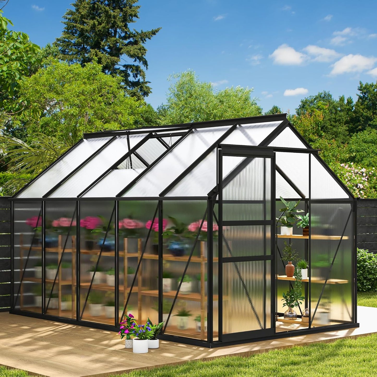 DWVO 6x10FT Polycarbonate Greenhouse Heavy Duty Green Houses Outdoor Aluminum Greenhouses with Sliding Doors Vent Window Walk-in Greenhouse Large Sun House for Garden Backyard, Black