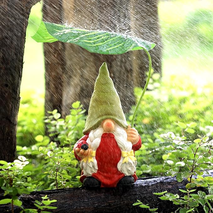 Garden Female Gnome Statue Decoration with Leaf Umbrella, 7.5” Figurine Ornament for Indoor Outdoor Home Patio Yard Lawn, for Gnome Lovers & Garden Enthusiasts,Mom,Women