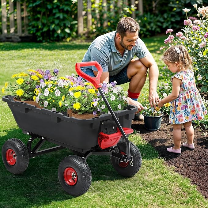800lbs Garden Dump Cart, Heavy Duty Yard Dump Wagon with 10" Pneumatic Tires, Utility Wheelbarrow cart for Yard, Farm and Garden