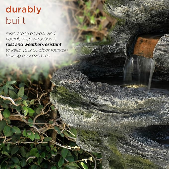 Alpine Corporation WIN1146 Outdoor Floor Cascading 8 Tiered Rock Garden Water Fountain with LED Lights, 58", Gray