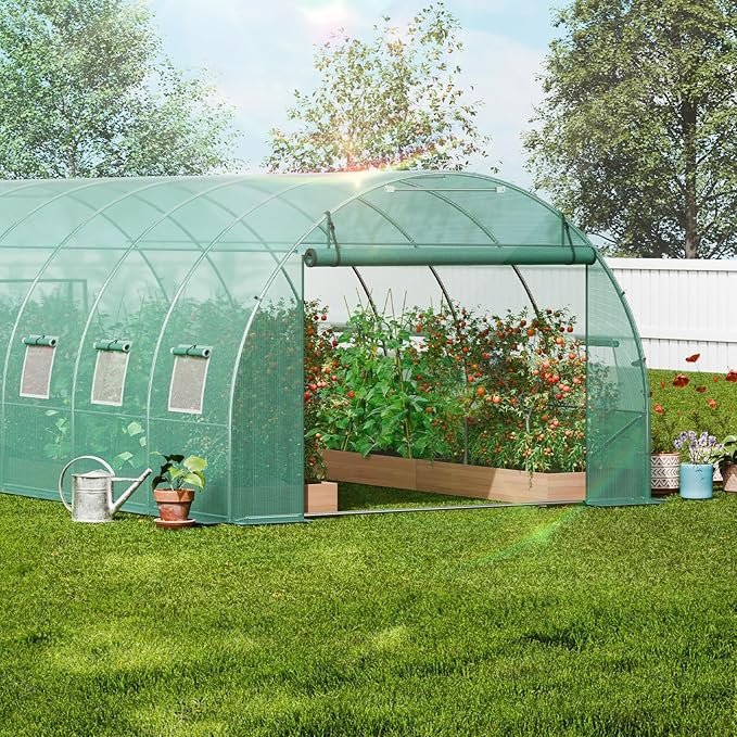 VEVOR Walk-in Tunnel Greenhouse, 19.4x9.7x6.5 ft Hoop House Greenhouse Tunnel, Plant Hot House with Galvanized Steel Frame, Green PE Cover, Roll-up Zipper Door and 12 Windows for Outdoor