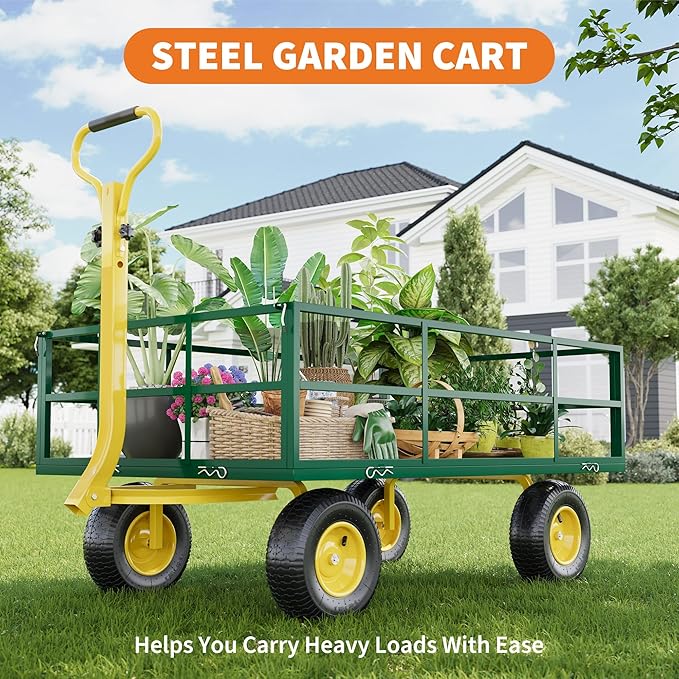 Metal Wagon - 1200lbs Garden Cart with 10" Multi-Terrain Tires, 4 Removable Mesh Sides & 180° Swivel Handle, Yard Wagon Cart for Lawn, Yard, Patio Gardening