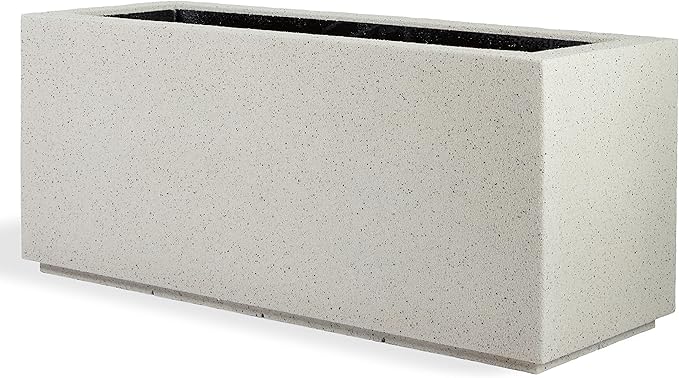 PolyStone Milan Tall Modern Outdoor/Indoor Rectangular Trough Planter, 46" W x 19" H, Lightweight, Heavy Duty, Weather Resistant, Polymer Finish, Commercial and Residential (White Granite)